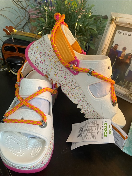 CROCS Shoes - CROCS White Sandal with Pink & Yellow Rope Accents
